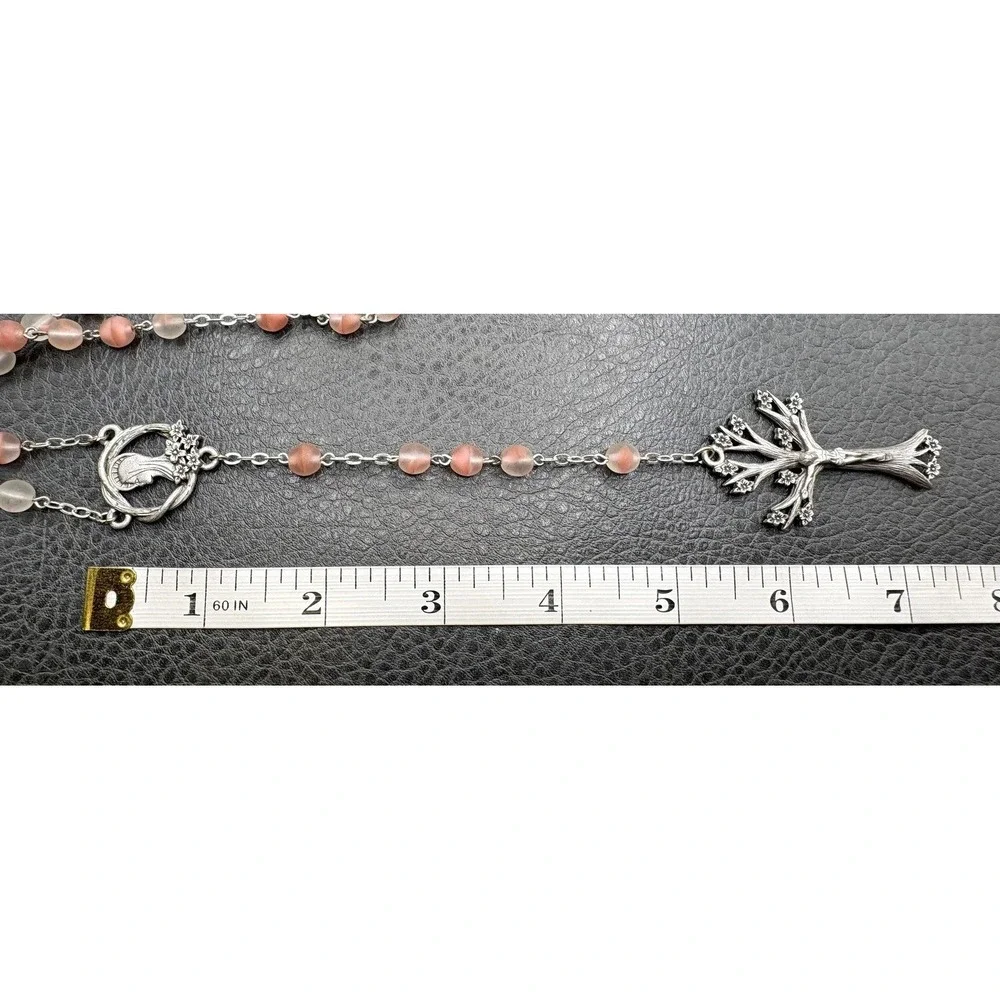 Dogwood Tree Pink Glass Rosary Bead Necklace Cross Pendant Silver Tone Boho